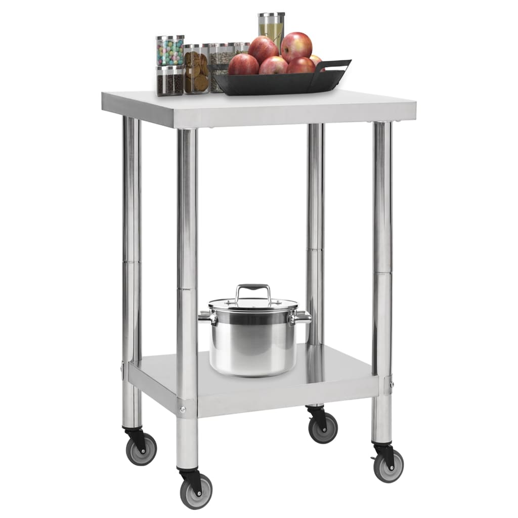 vidaXL Kitchen Work Table Hotel Prep Work Table with Wheels Stainless Steel-46