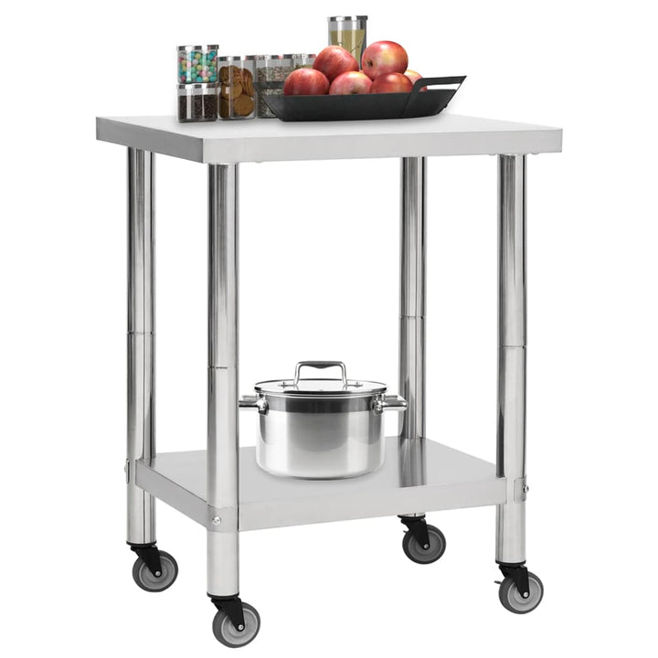 vidaXL Kitchen Work Table Hotel Prep Work Table with Wheels Stainless Steel-8