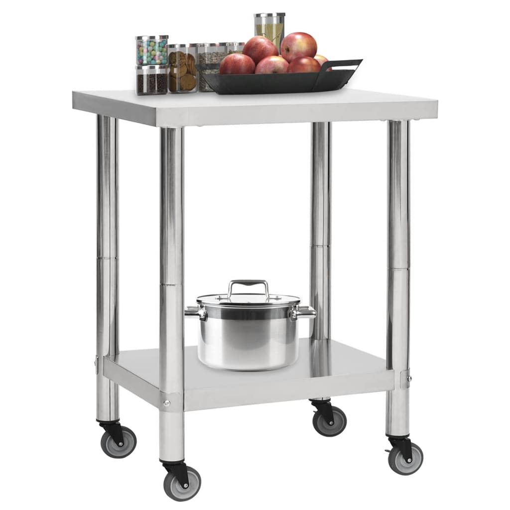 vidaXL Kitchen Work Table Hotel Prep Work Table with Wheels Stainless Steel-36