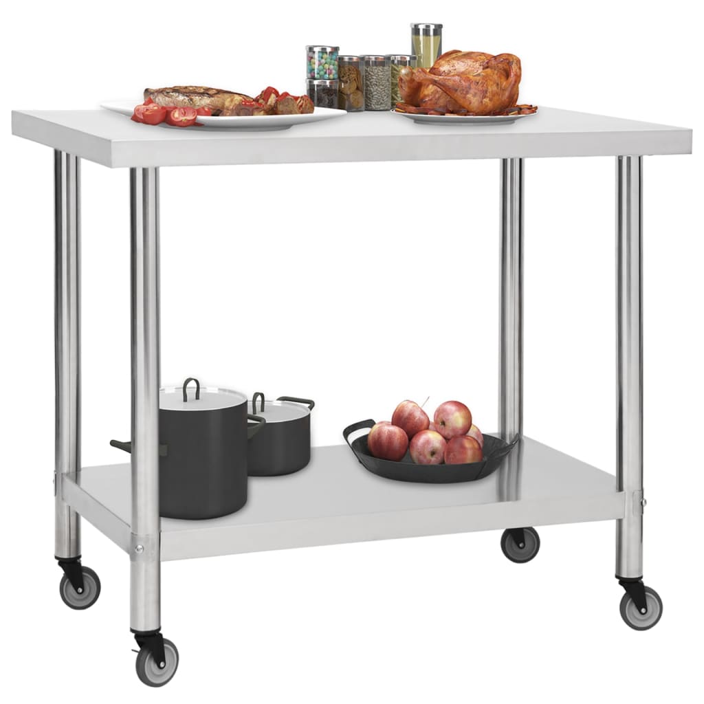 vidaXL Kitchen Work Table Hotel Prep Work Table with Wheels Stainless Steel-63