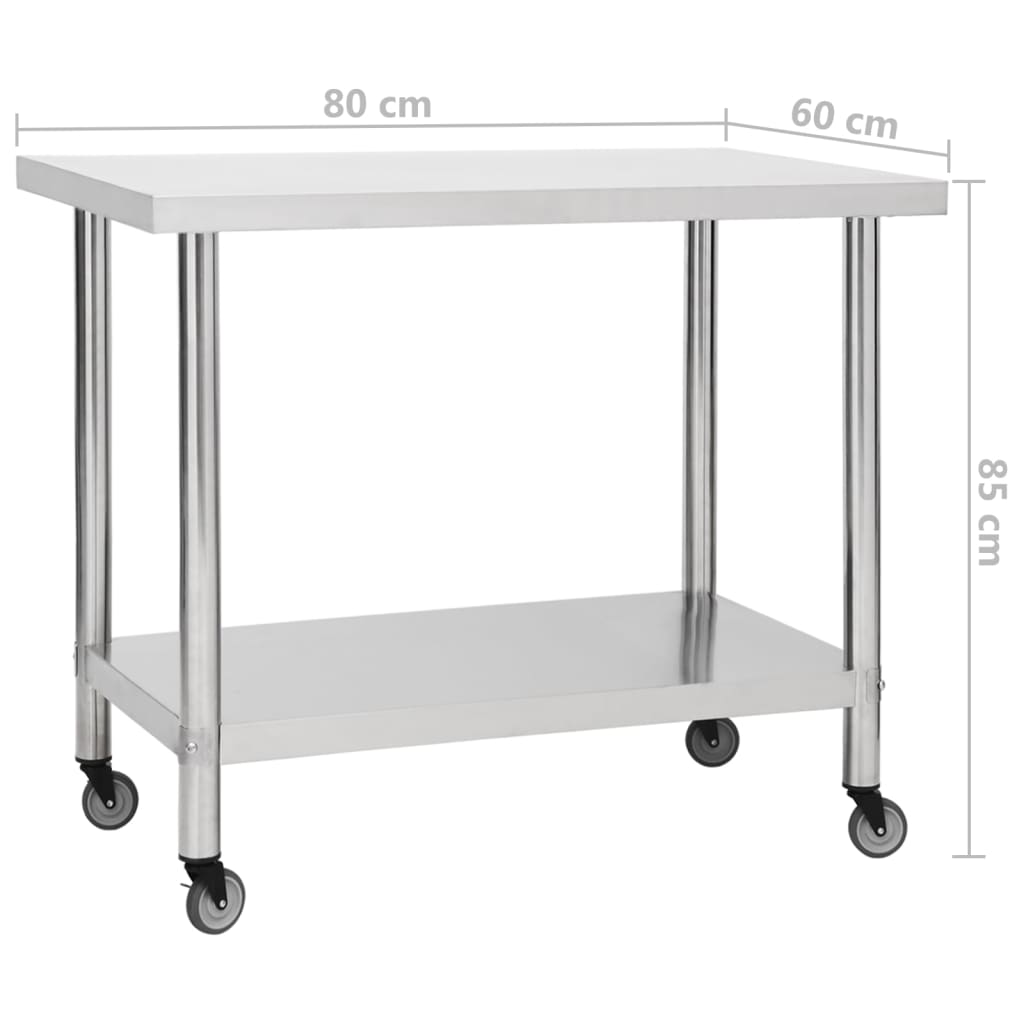 vidaXL Kitchen Work Table Hotel Prep Work Table with Wheels Stainless Steel-57