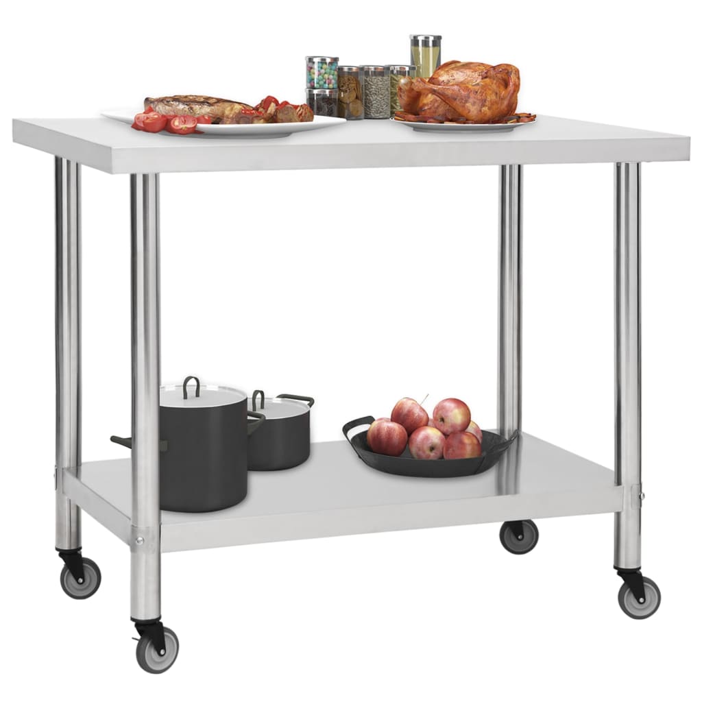 vidaXL Kitchen Work Table Hotel Prep Work Table with Wheels Stainless Steel-47