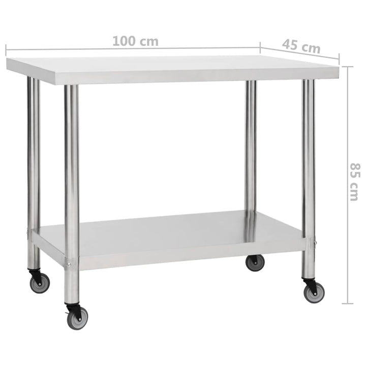 vidaXL Kitchen Work Table Hotel Prep Work Table with Wheels Stainless Steel-18