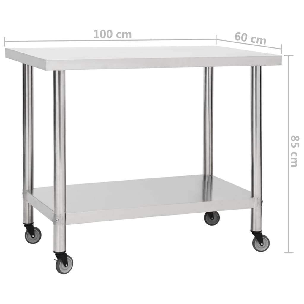 vidaXL Kitchen Work Table Hotel Prep Work Table with Wheels Stainless Steel-56