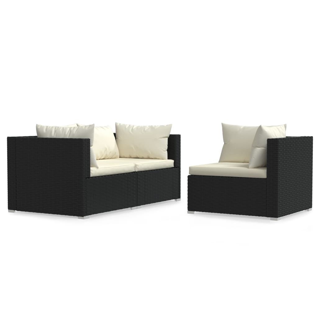 vidaXL 3 Piece Patio Lounge Set with Cushions Black Poly Rattan-27