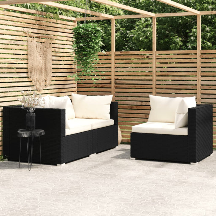 vidaXL 3 Piece Patio Lounge Set with Cushions Black Poly Rattan-28
