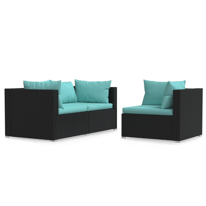 vidaXL 3 Piece Patio Lounge Set with Cushions Black Poly Rattan-25