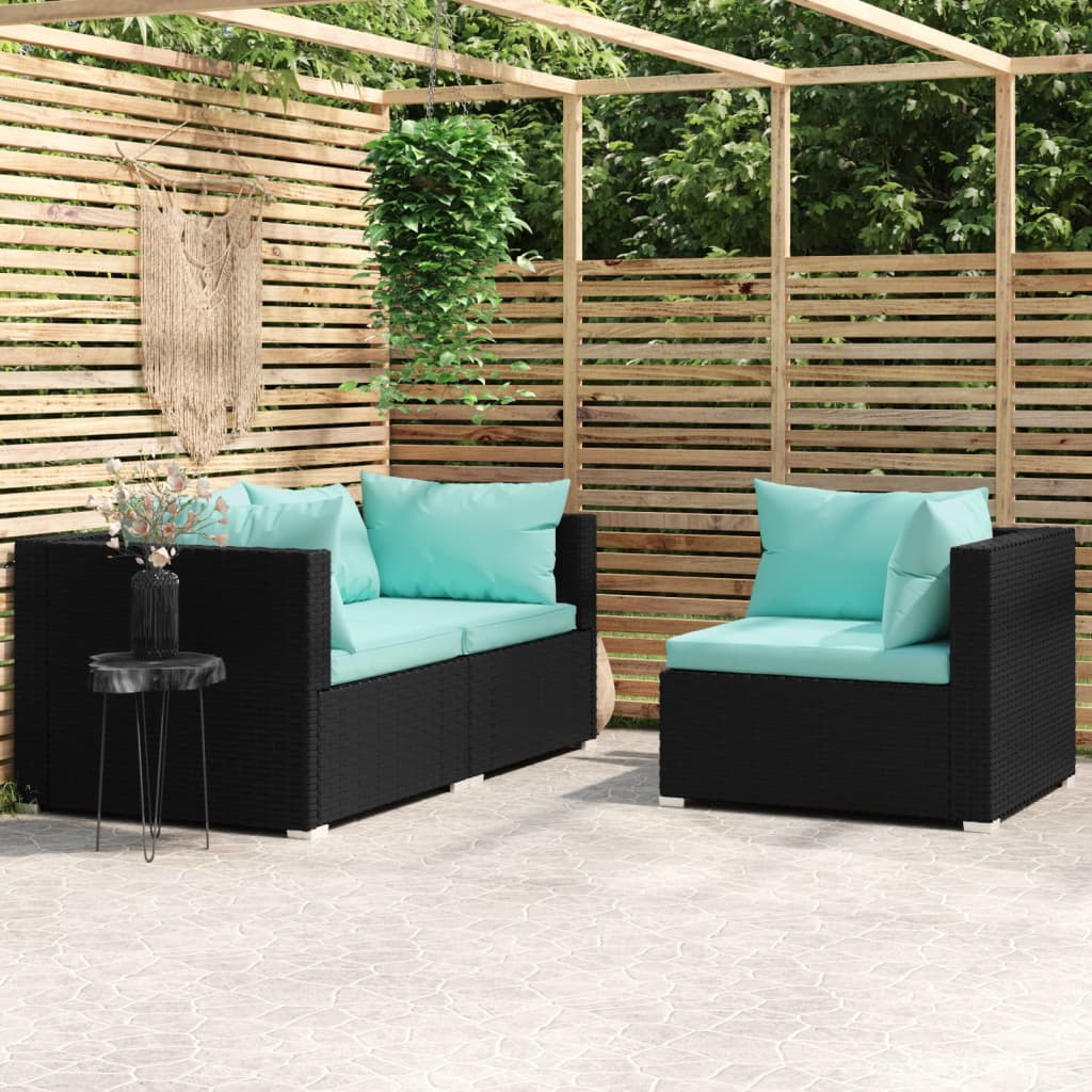 vidaXL 3 Piece Patio Lounge Set with Cushions Black Poly Rattan-26