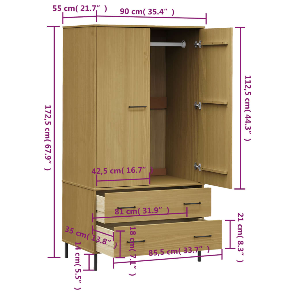 vidaXL Wardrobe Armoire Closet Rack Storage with Metal Legs Solid Wood OSLO-26