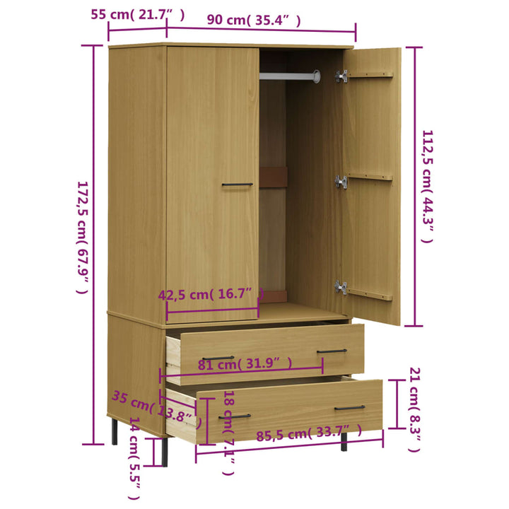 vidaXL Wardrobe Armoire Closet Rack Storage with Metal Legs Solid Wood OSLO-26