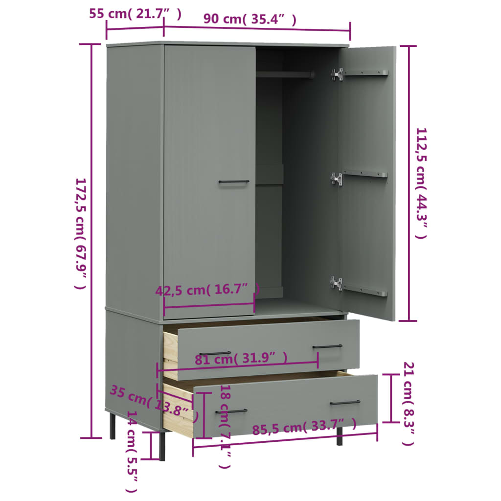 vidaXL Wardrobe Armoire Closet Rack Storage with Metal Legs Solid Wood OSLO-2