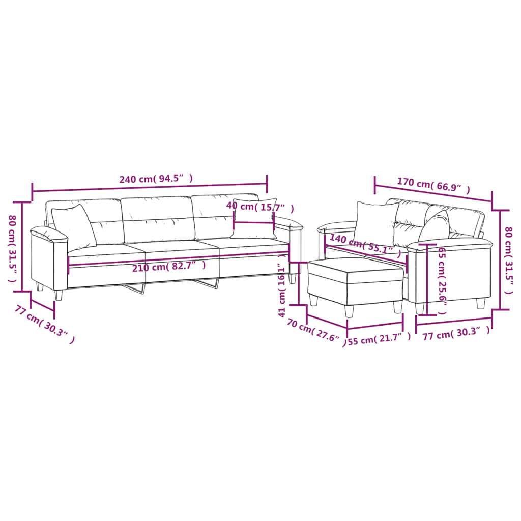 vidaXL 3 Piece Sofa Set with Pillows Dark Gray Microfiber Fabric-40