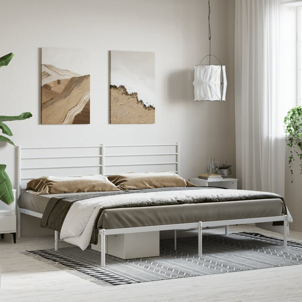 vidaXL Metal Bed Frame with Headboard White 76"x79.9" King-1