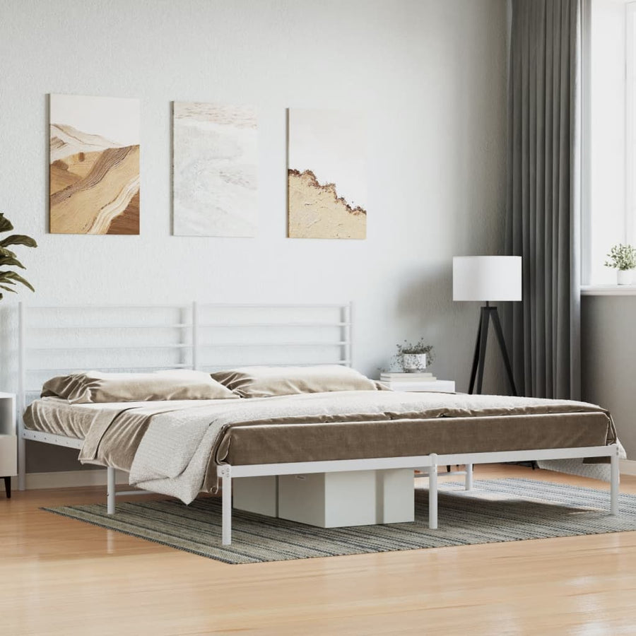 vidaXL Metal Bed Frame with Headboard White 76"x79.9" King-0