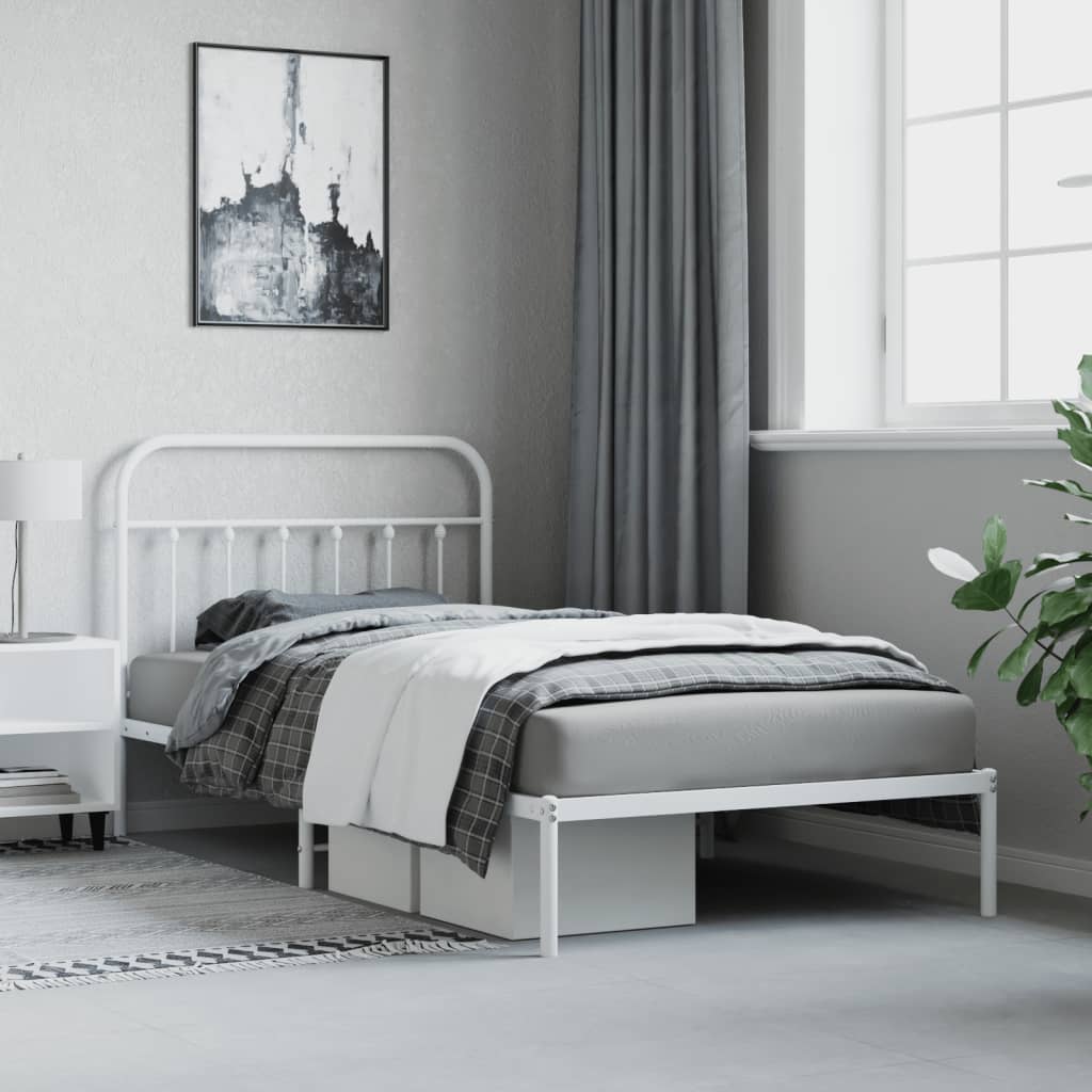 vidaXL Metal Bed Frame with Headboard White 39.4"x78.7"-1