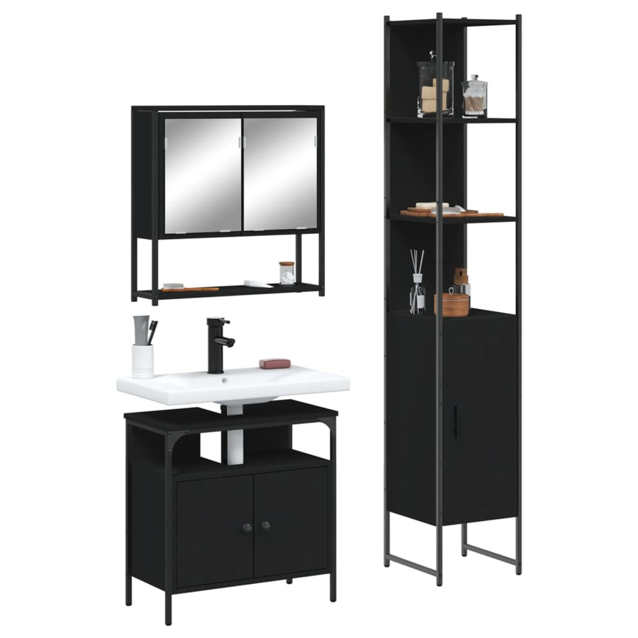 vidaXL 3 Piece Bathroom Furniture Set Black Engineered Wood-0