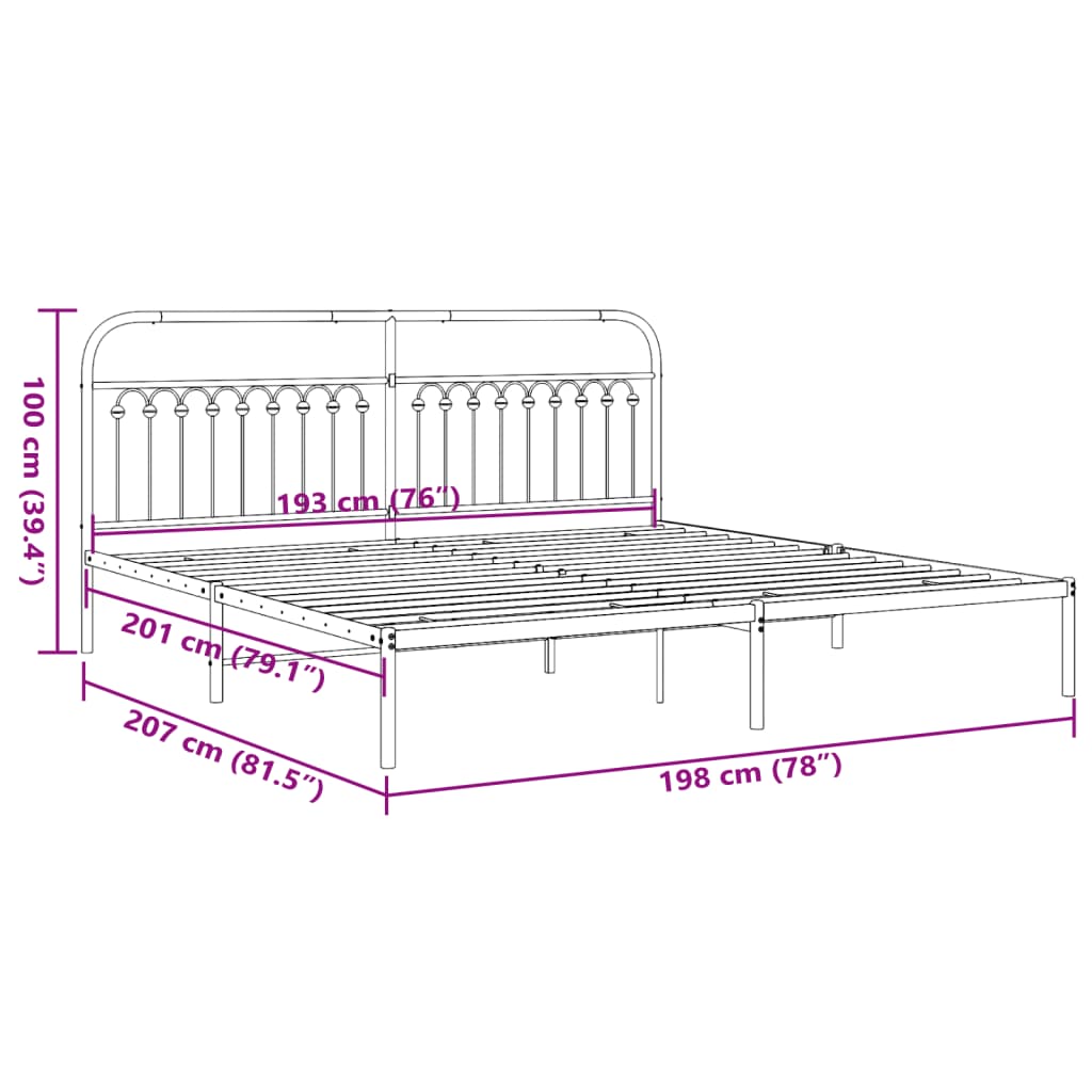 vidaXL Metal Bed Frame with Headboard Black 76"x79.9" King-3