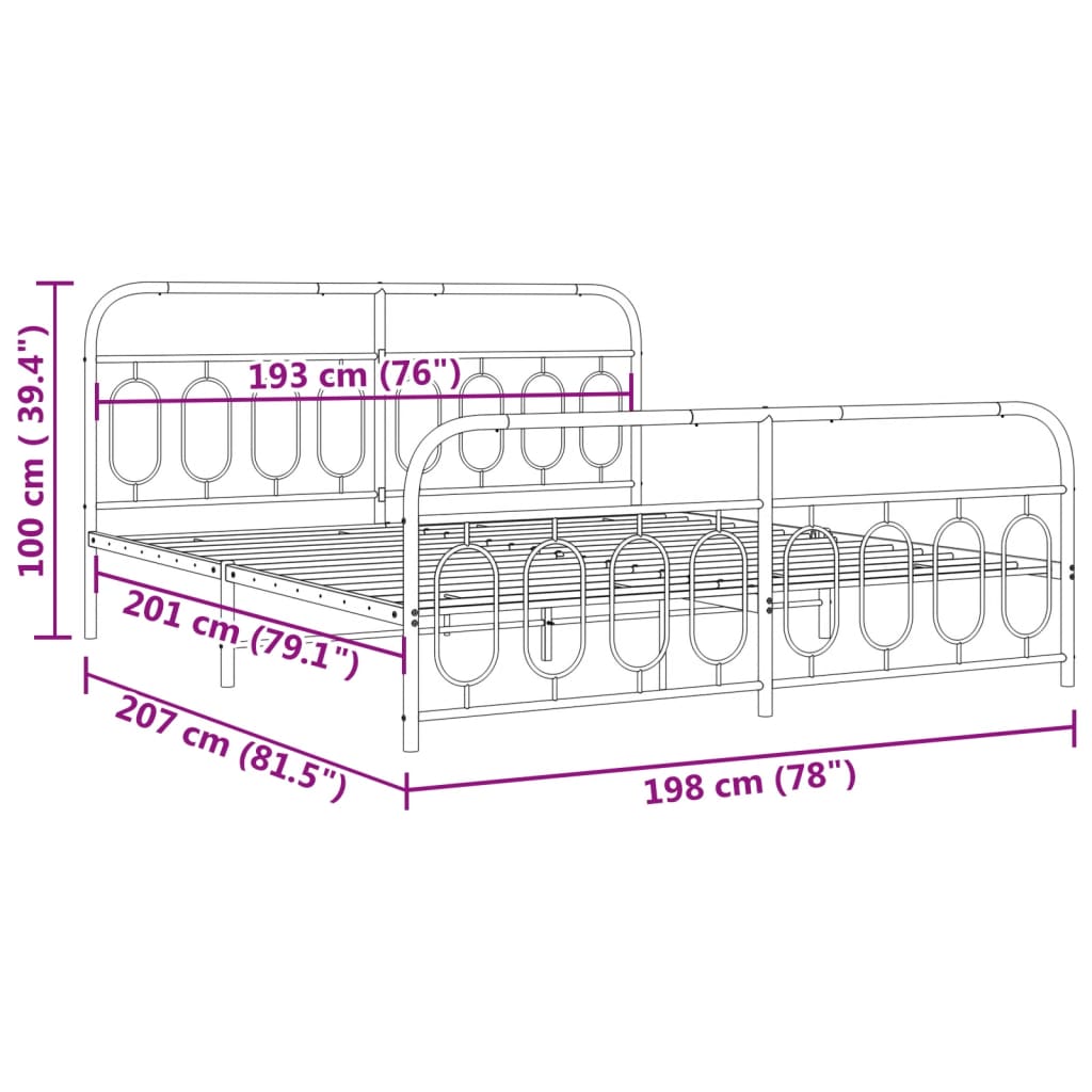 vidaXL Metal Bed Frame with Headboard and Footboard Black 76"x79.9" King-3