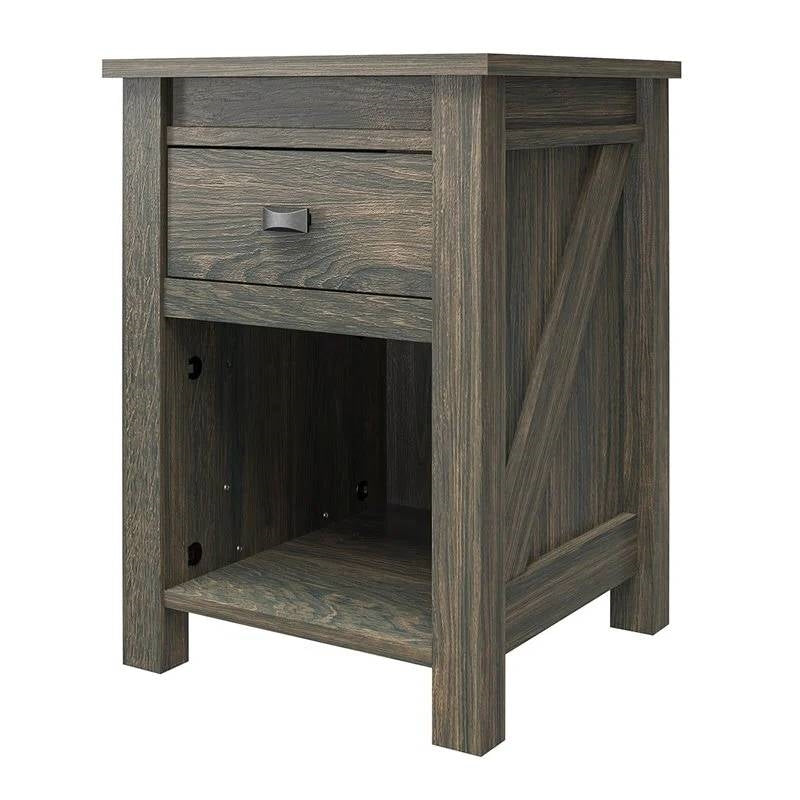 Farmhouse 1-Drawer Bedroom Nightstand with Open Shelf in Rustic Grey Oak-0