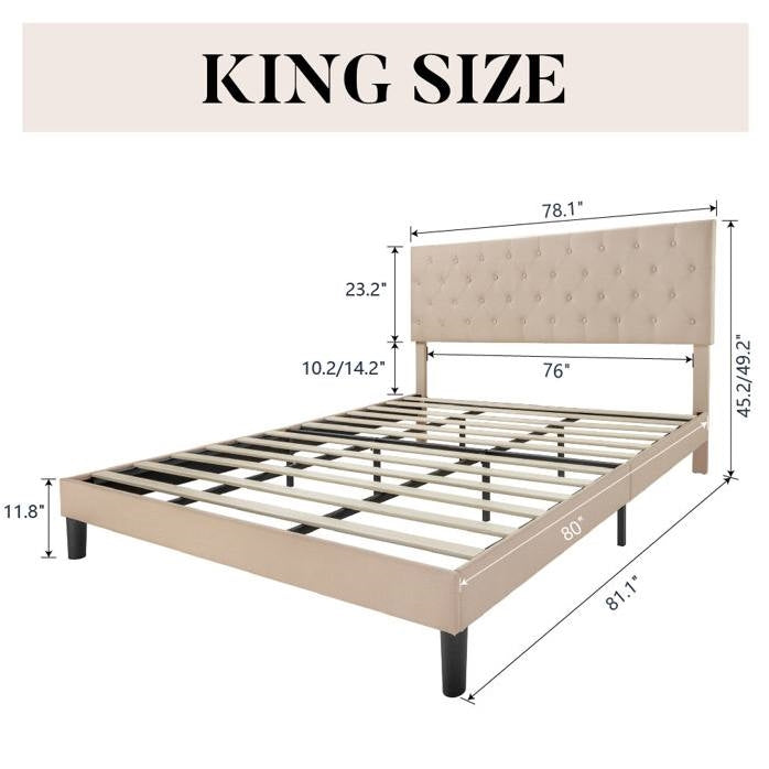 King Size Beige Linen Upholstered Platform Bed with Button-Tufted Headboard-4