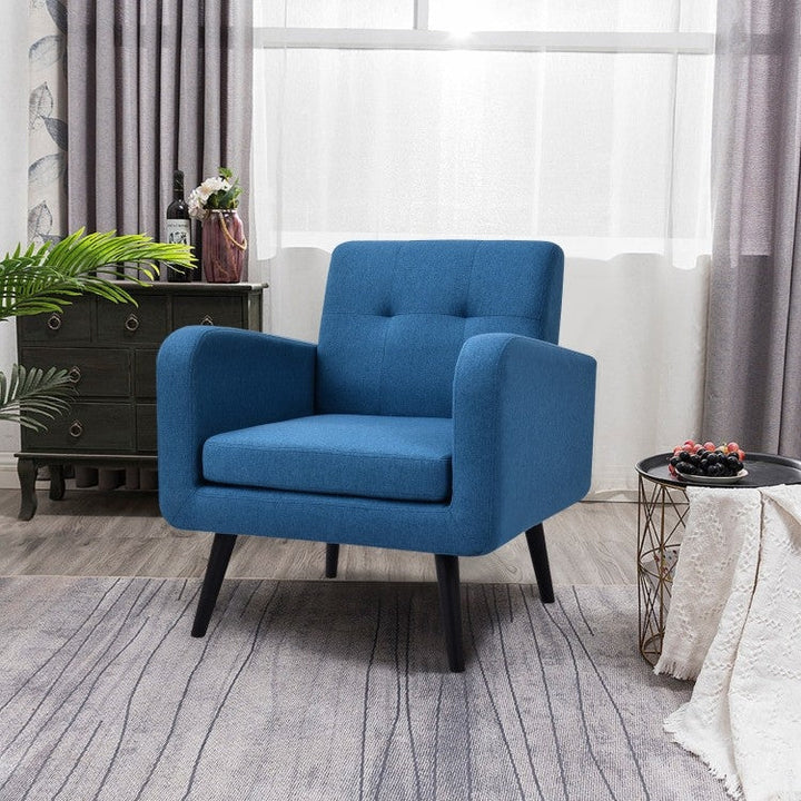 Mid-Century Modern Blue Linen Upholstered Accent Chair with Wooden Legs-1