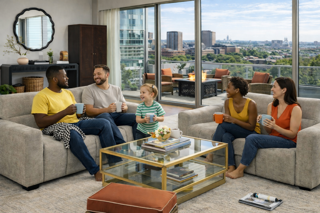 Modern High-Rise Living Room with Balcony | Sunny Family Interior Design Inspiration