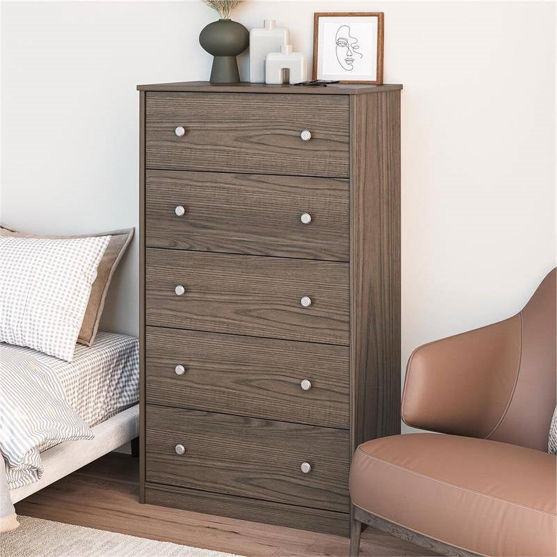 Modern 5-Drawer Bedroom Chest in Rustic Grey Brown Wood Finish-1