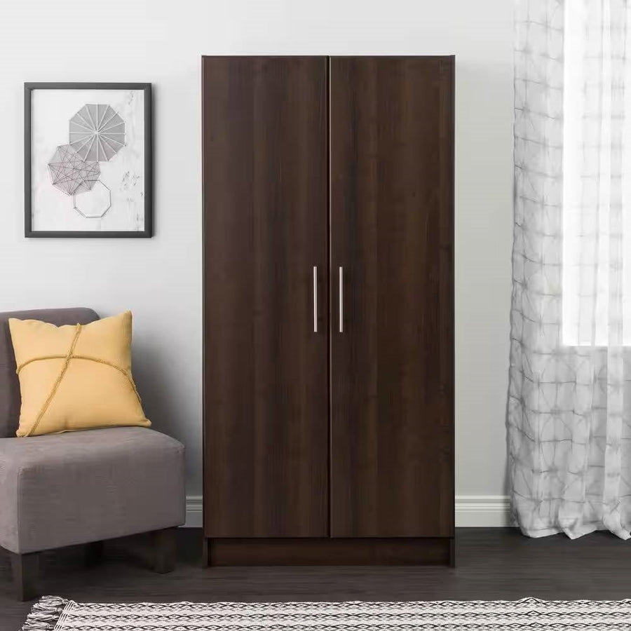 Bedroom Armoire Wardrobe Cabinet Closet with Hanging Rail in Brown Wood Finish-0