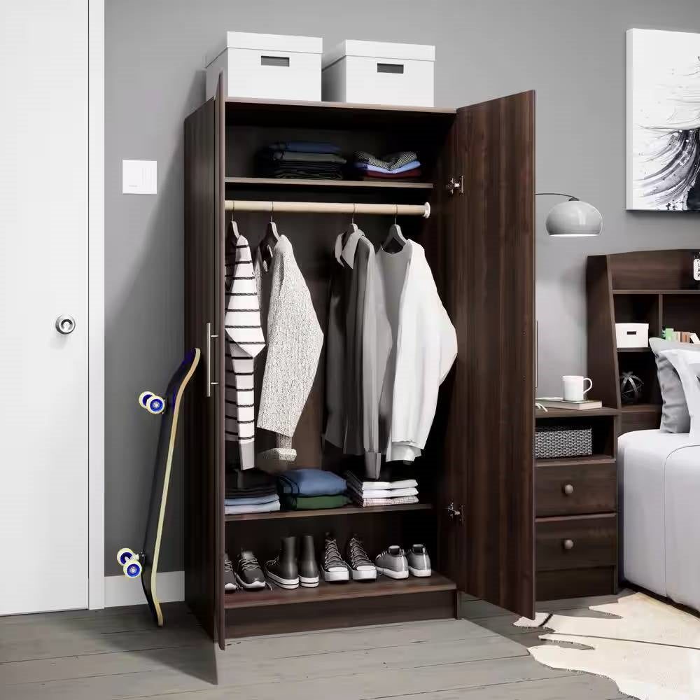 Bedroom Armoire Wardrobe Cabinet Closet with Hanging Rail in Brown Wood Finish-1