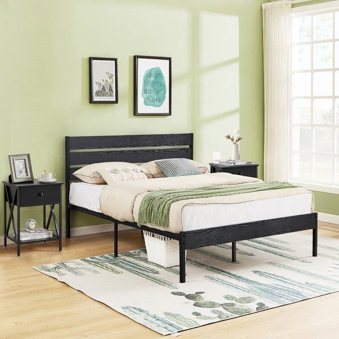 Full size Industrial Platform Bed Frame with Wood Slatted Headboard in Black-1