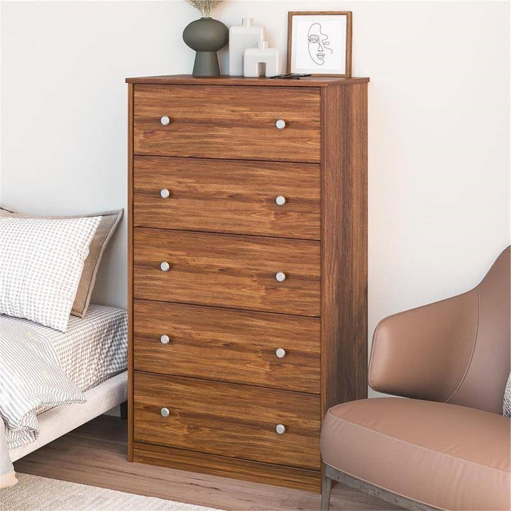 Modern 5-Drawer Bedroom Chest Dresser in Rustic Brown Wood Finish-1