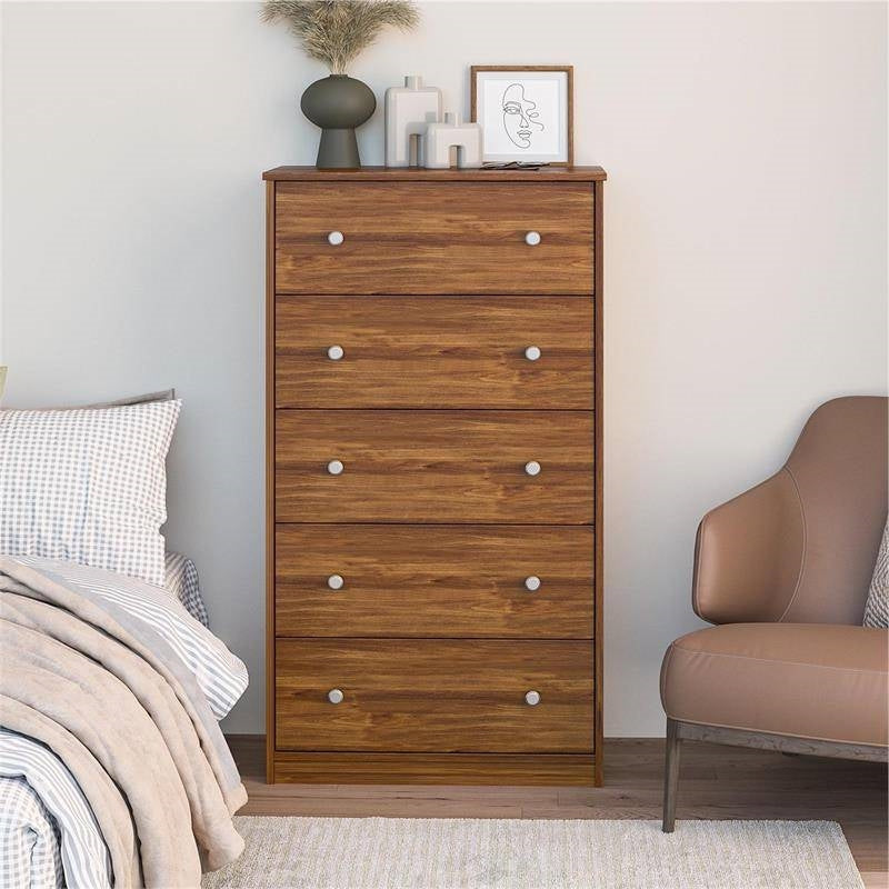 Modern 5-Drawer Bedroom Chest Dresser in Rustic Brown Wood Finish-2