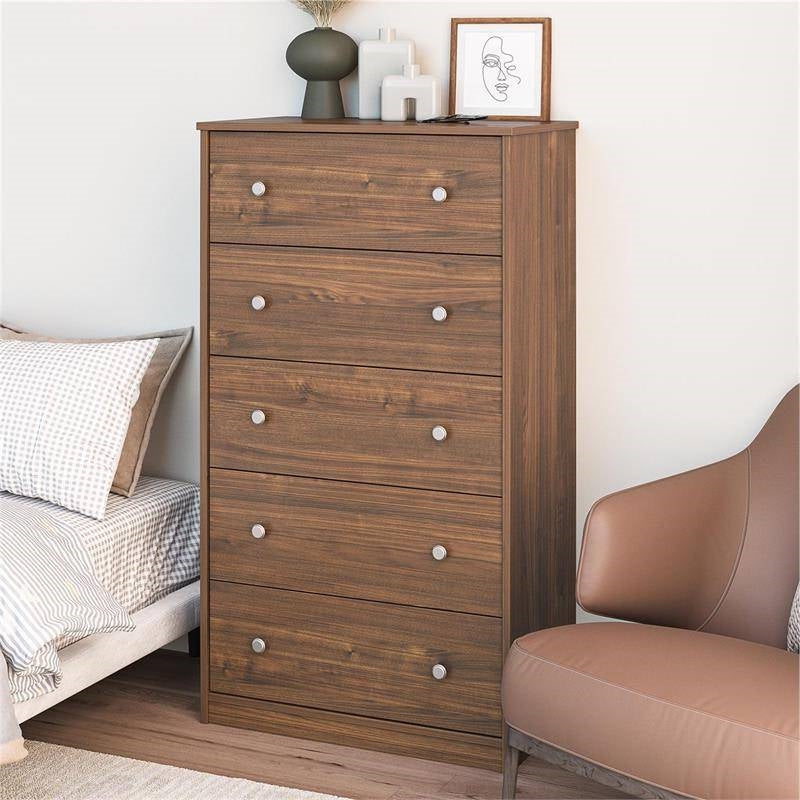 Modern 5-Drawer Bedroom Chest of Drawers in Rustic Walnut Wood Finish-1