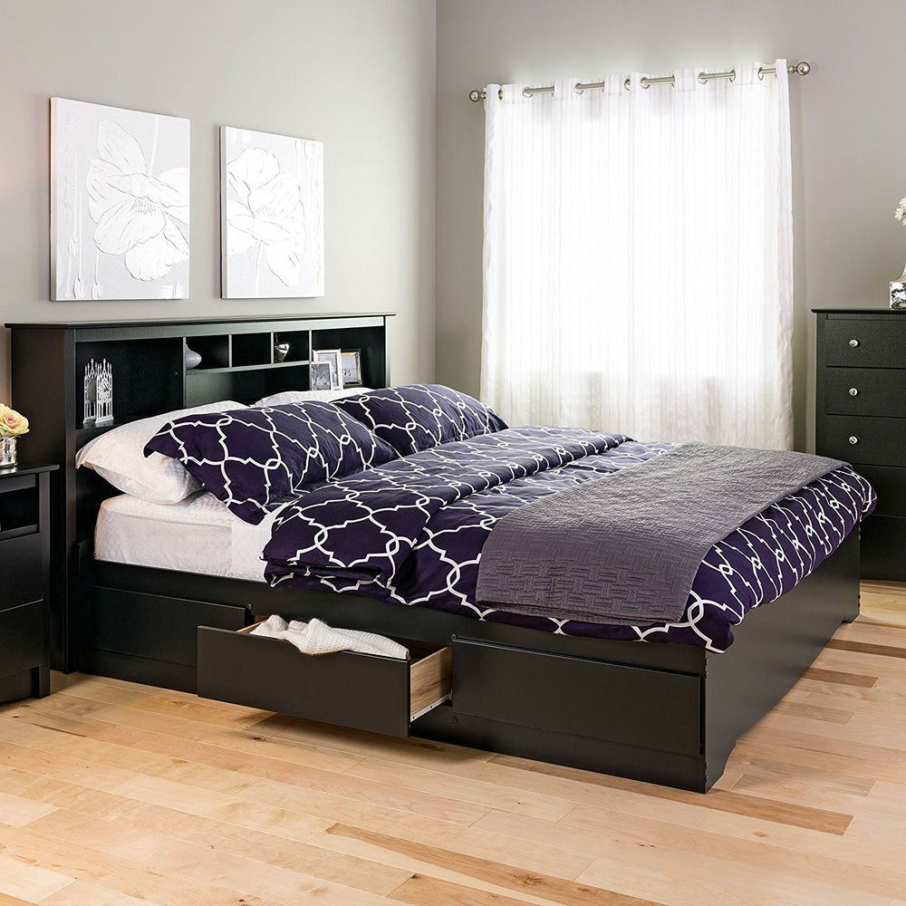 King size Black Wood Platform Bed Frame with Storage Drawers-1