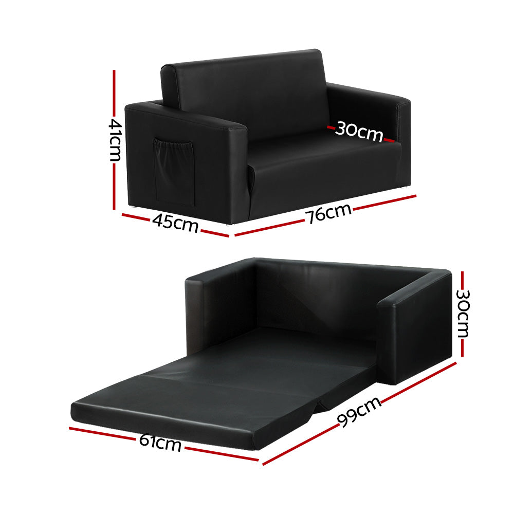 Keezi Kids Convertible Sofa 2 Seater Black PU Leather Children Couch Lounger-1