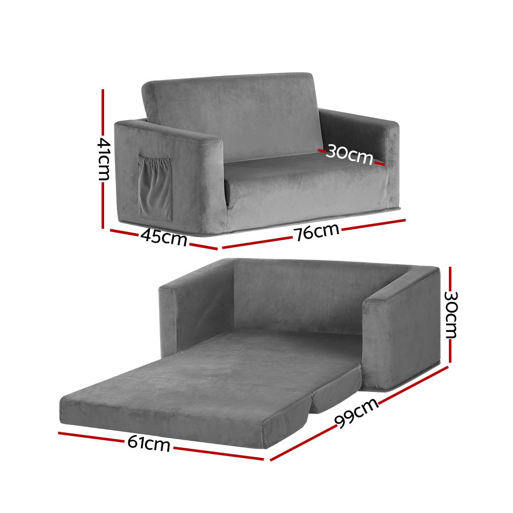 Keezi Kids Sofa 2 Seater Children Flip Open Couch Velvet Armchair Grey-1