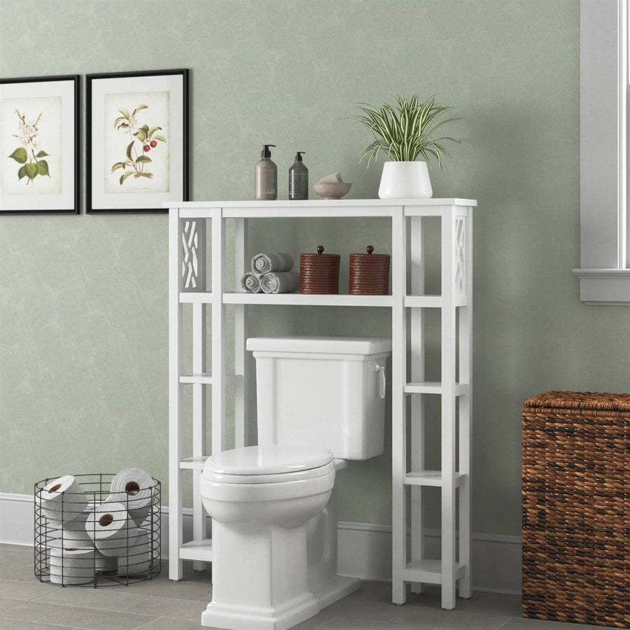 Over the Toilet Bathroom Shelving Unit with 9-Shelves in White Wood Finish-0