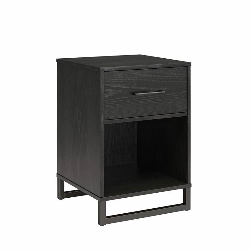 Modern 1-Drawer Bedroom Nightstand in Rustic Black Wood Finish with Metal Legs-0