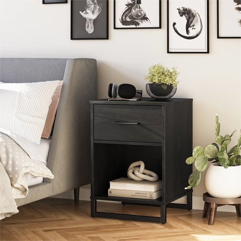 Modern 1-Drawer Bedroom Nightstand in Rustic Black Wood Finish with Metal Legs-2