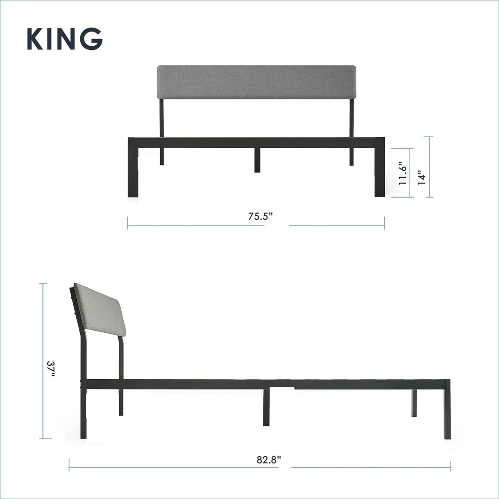 King Size Grey Soft Fabric Metal Headboard Platform Bed Wooden Slats-1