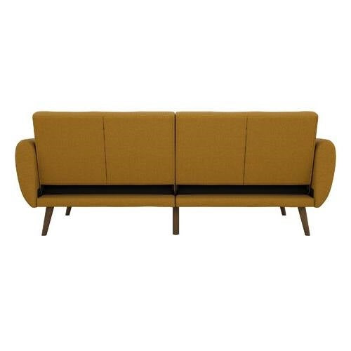 Mustard Linen Upholstered Futon Sofa Bed with Mid-Century Style Wooden Legs-4