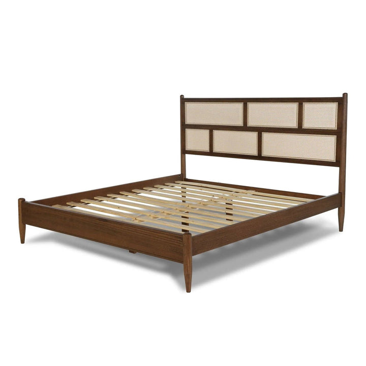 King Size Hardwood Platform Bed Frame with Cane Paneling Headboard in Walnut-0