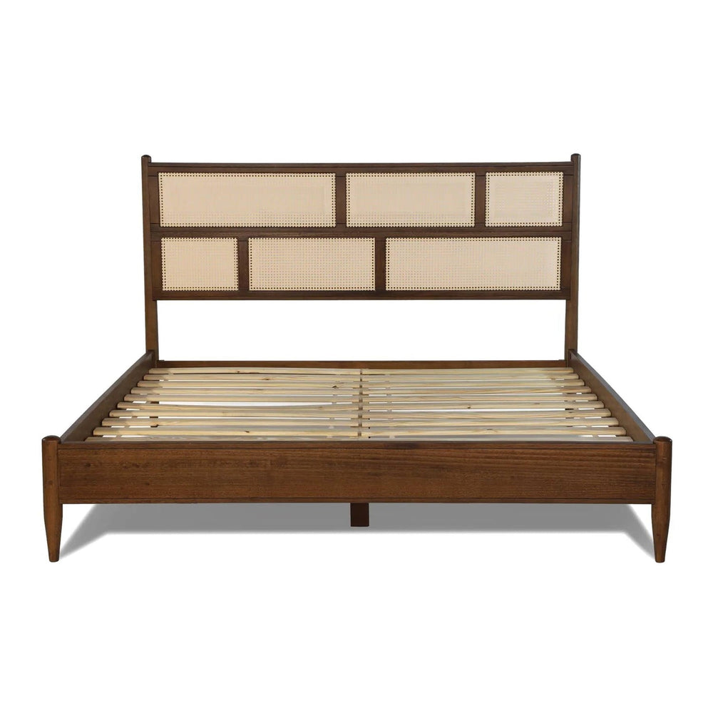 King Size Hardwood Platform Bed Frame with Cane Paneling Headboard in Walnut-1