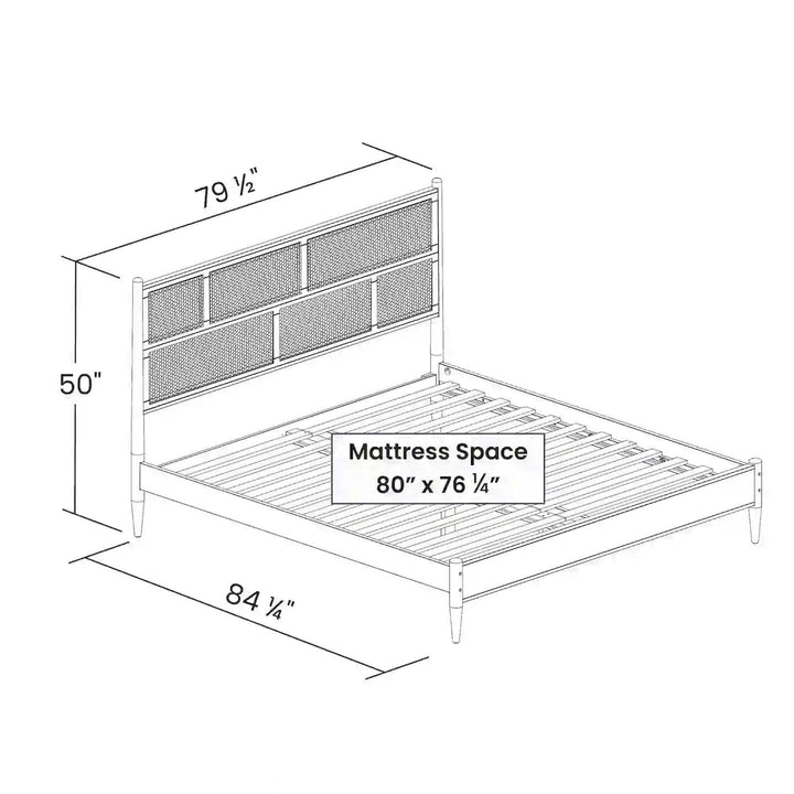 King Size Hardwood Platform Bed Frame with Cane Paneling Headboard in Walnut-4