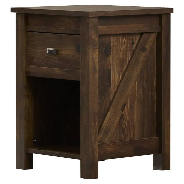 Farmhouse 1-Drawer Bedroom Nightstand with Open Shelf in Rustic Pine Finish-0