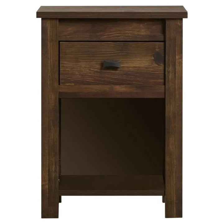 Farmhouse 1-Drawer Bedroom Nightstand with Open Shelf in Rustic Pine Finish-1