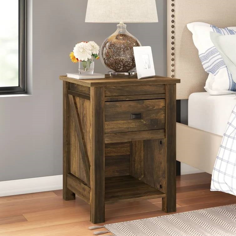 Farmhouse 1-Drawer Bedroom Nightstand with Open Shelf in Rustic Pine Finish-3