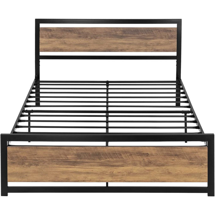 Queen Metal Platform Bed Frame with Brown Wood Panel Headboard and Footboard-0