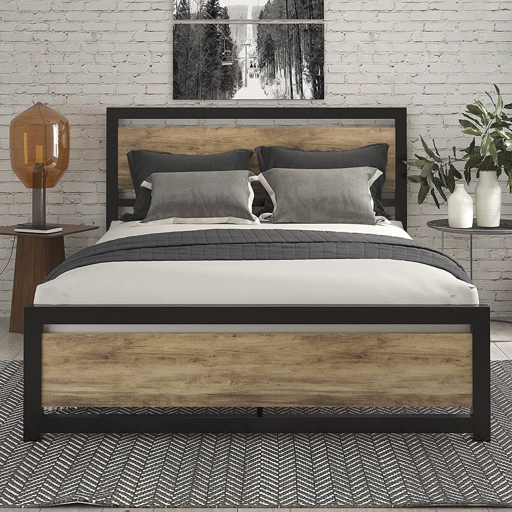 Queen Metal Platform Bed Frame with Brown Wood Panel Headboard and Footboard-1