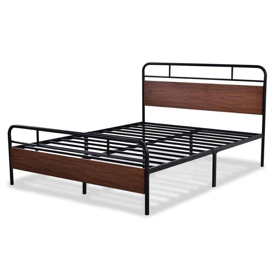 Queen Size Industrial Metal Wood Platform Bed Frame with Headboard and Footboard-0